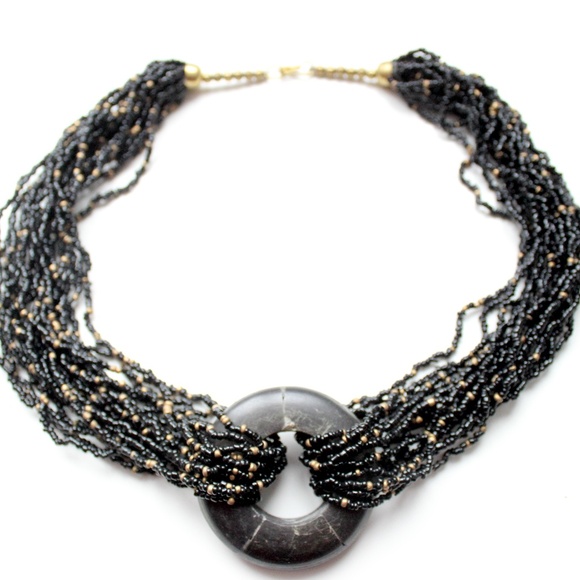 1980s boho tribal multistrand necklace beads horn black gold glass collier - Picture 8 of 11